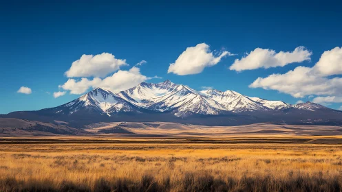 Snowcapped mountain range over golden prairie under cobalt sky.
