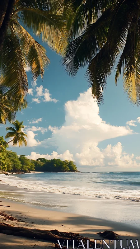 Tropical palm-framed beach shoreline under bright daylight.