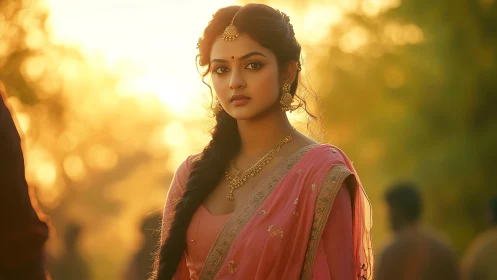 Sunlit portrait of woman in pink saree at golden hour.