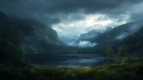 Overcast mountain lake scene shows mist and distant snowcaps