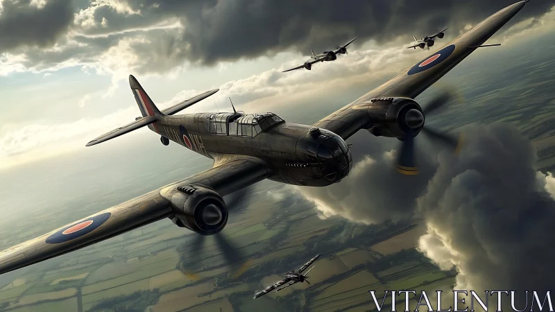 RAF bombers slice through stormy skies over farmland.