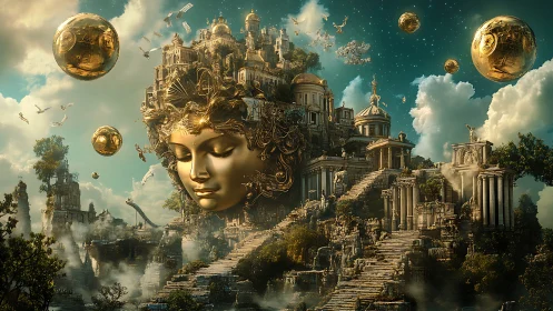 Golden celestial city crowned by serene goddess visage.