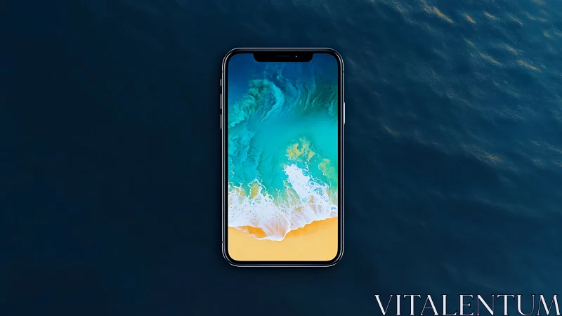 Minimal smartphone render with oceanic wallpaper focus.
