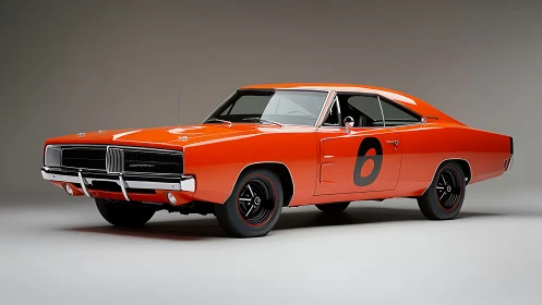 Vintage orange muscle car in studio with racing livery detailing.