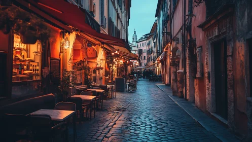Narrow European street with evening cafés and warm lighting.