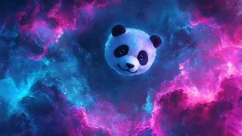 Panda-shaped digital object is centered within neon space nebula