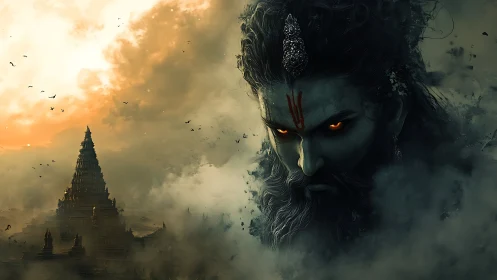 Mythic godlike visage emerging over stormlit temple ruins.