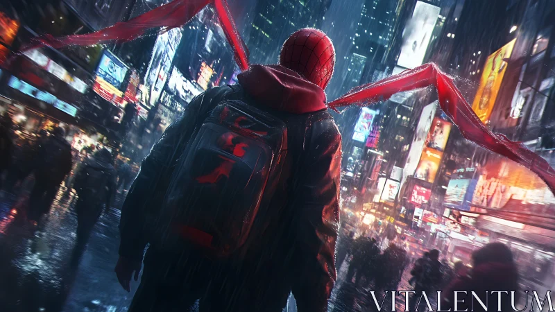 Digital painting of masked vigilante in neon-soaked urban rainscape.