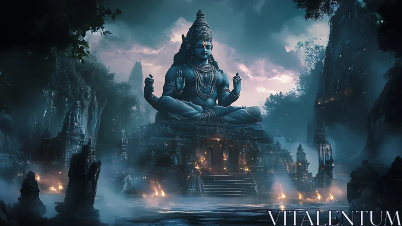 Colossal blue deity dominates mist-laden temple valley.
