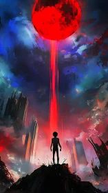 Crimson worldbreaker rises above a lone, daring wanderer