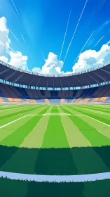 Sunlit soccer stadium waiting for the next big kickoff.