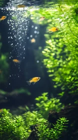 Golden fish drifting through a lush, sunlit aquarium forest.