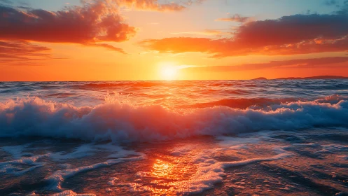 Sunset tide rolls in, painting the sea with liquid ember light