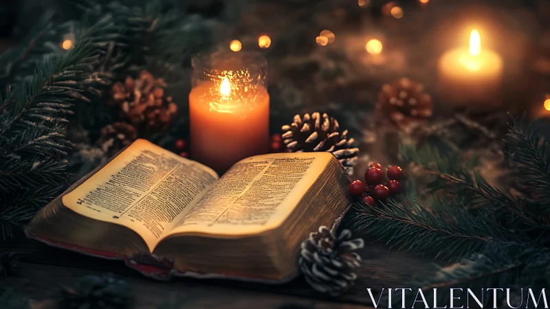 Open book with candles and winter foliage on wooden surface.