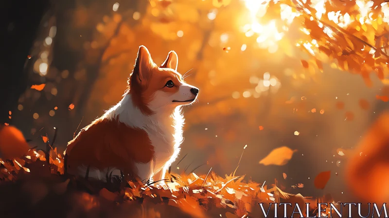 Corgi in radiant autumn forest with cinematic rim light.
