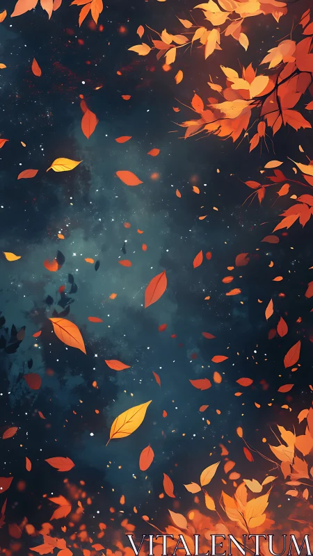Orange leaves fall against a dark blue, space-like backdrop