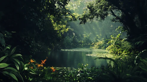 Sunlit forest pond with dense green foliage and plants.