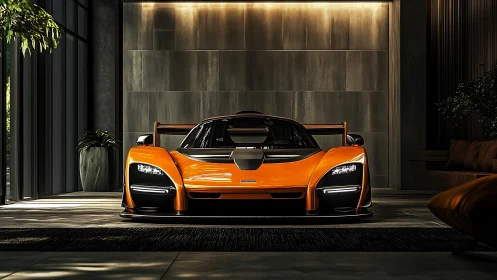 Orange hypercar prowls a moody, luxurious concrete lair