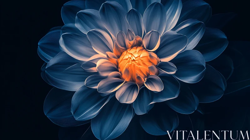 Blue Dahlia with Orange Center Against Dark Background