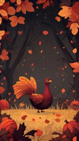 Stylized autumn turkey in pumpkin patch under falling leaves