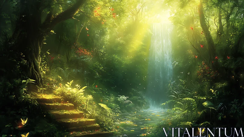 Enchanted Forest Waterfall with Luminous Sunlight.