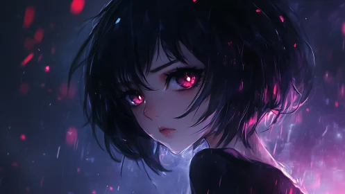 Portrait of short haired girl with glowing pink eyes at night.
