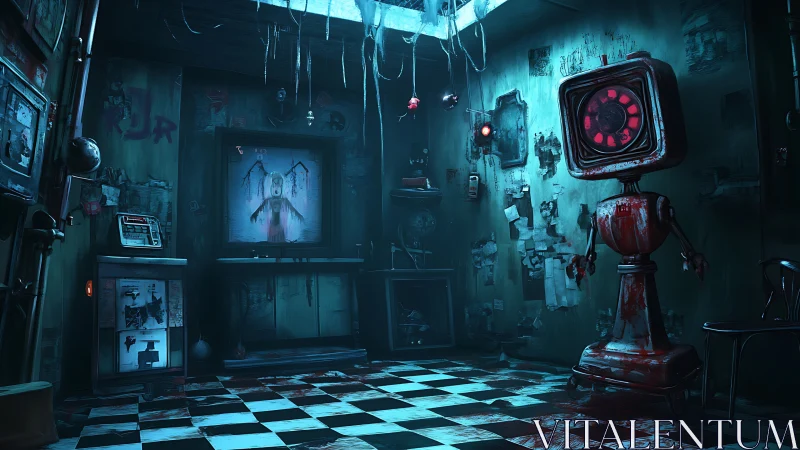 Bloodstained broadcast room with eerie retro robot sentinel.