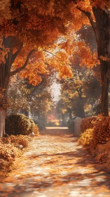 Tree-lined pathway covered in autumn foliage in soft light.