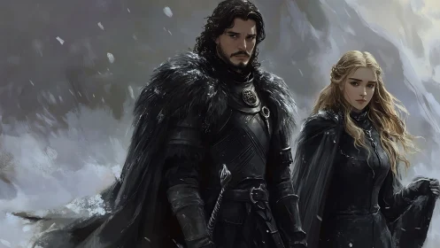 Stoic winter guardians standing strong in swirling snow.