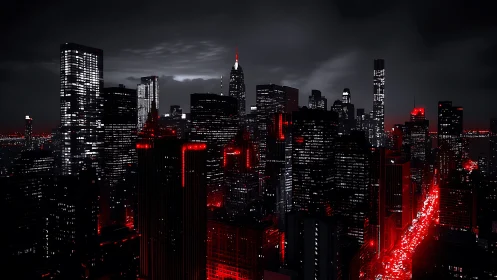 Urban skyline at night employs red accent lighting and contrast