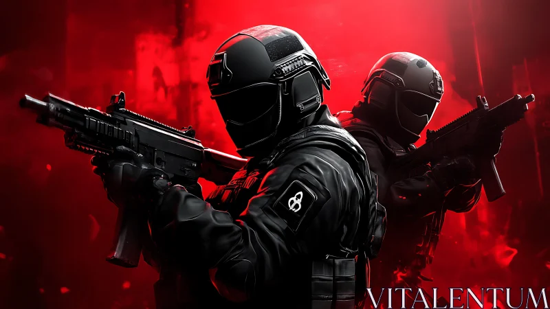 Heavily armed tactical soldiers in black against red light