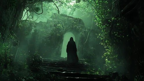 Hooded wanderer before overgrown mystical stone gate.
