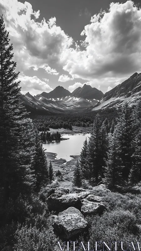 Monochrome alpine lake with dramatic clouds and peaks.