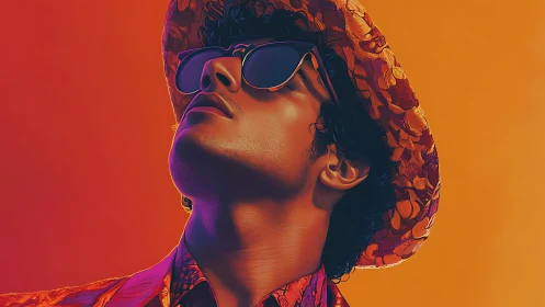 Stylized portrait of man in hat and sunglasses, warm tones.