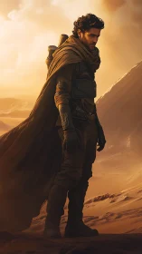 Desert nomad warrior stands on windswept dune at sunset