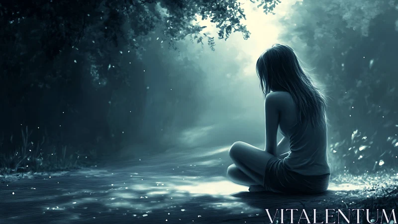 Solitary girl sits beside luminous forest path at dusk