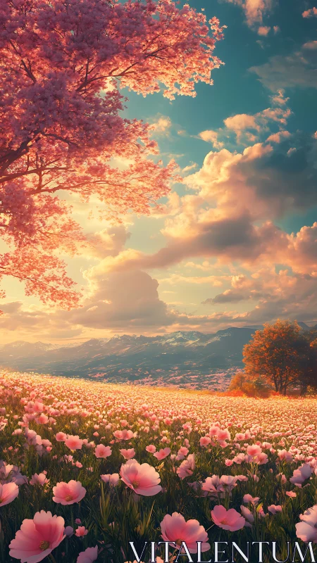 Digital landscape renders flowering field beneath clouded sky