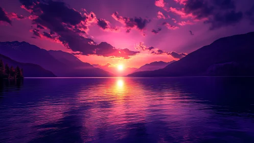 Vibrant magenta sunset over calm mountain lake horizon.