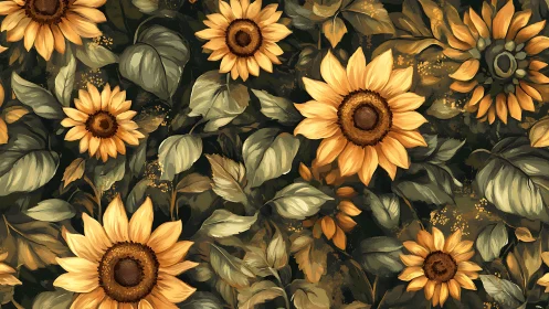Golden Sunflowers Dancing Among Emerald Leaves.