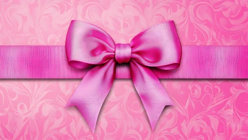 Magenta Silk Bow on Ornamental Pink Damask Background.