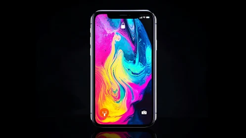 iPhone displaying vibrant digital fluid art with neon color gradients.