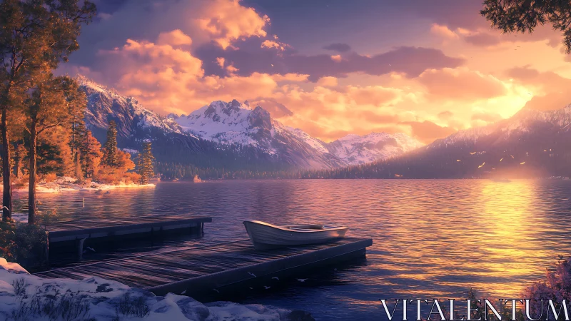 Golden hush over alpine lake as twilight gently blooms.