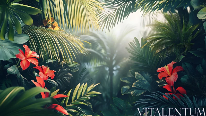 Lush tropical foliage with red hibiscus in misty backlight.