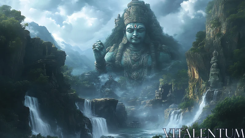 Colossal verdigris deity emerging from mist-laden waterfall canyon.