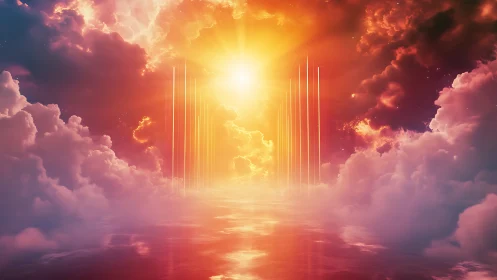 Celestial sunrise corridor pierces glowing crimson clouds.