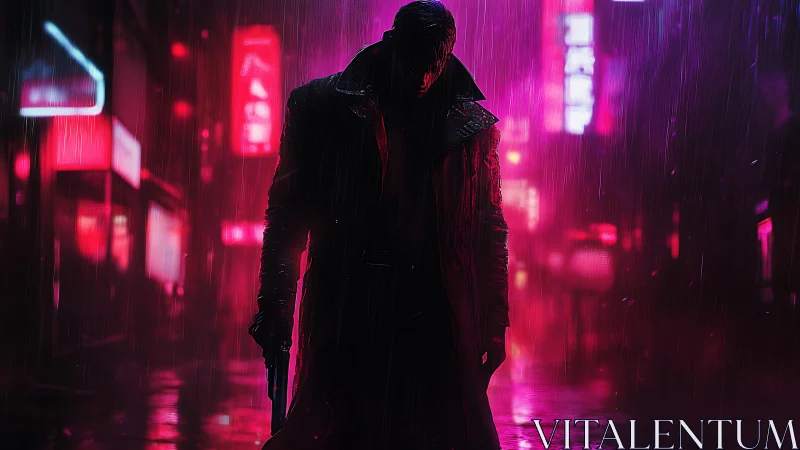 Neon-soaked gunman silhouette in rain-saturated cyber alleyway.