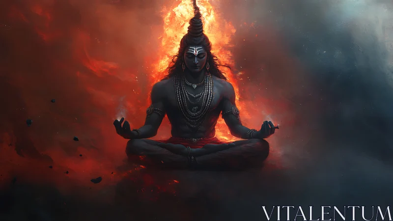 Fiery meditative deity seated in cosmic stillness of flame.