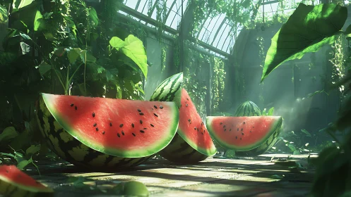 Sunlit watermelon feast in an overgrown glasshouse dreamscape.