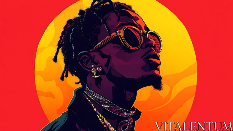 Stylized portrait of man in sunglasses before circular sun.