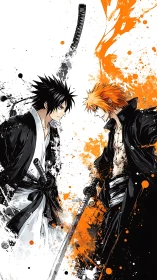 Rival swordsmen clash amid black and orange ink splashes